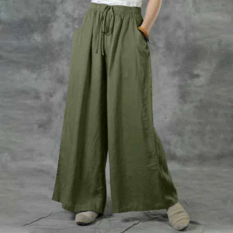 Summer loose fit casual wide leg pants solid color cotton linen elastic waist pants for women street Drstring TrousersXJ250403