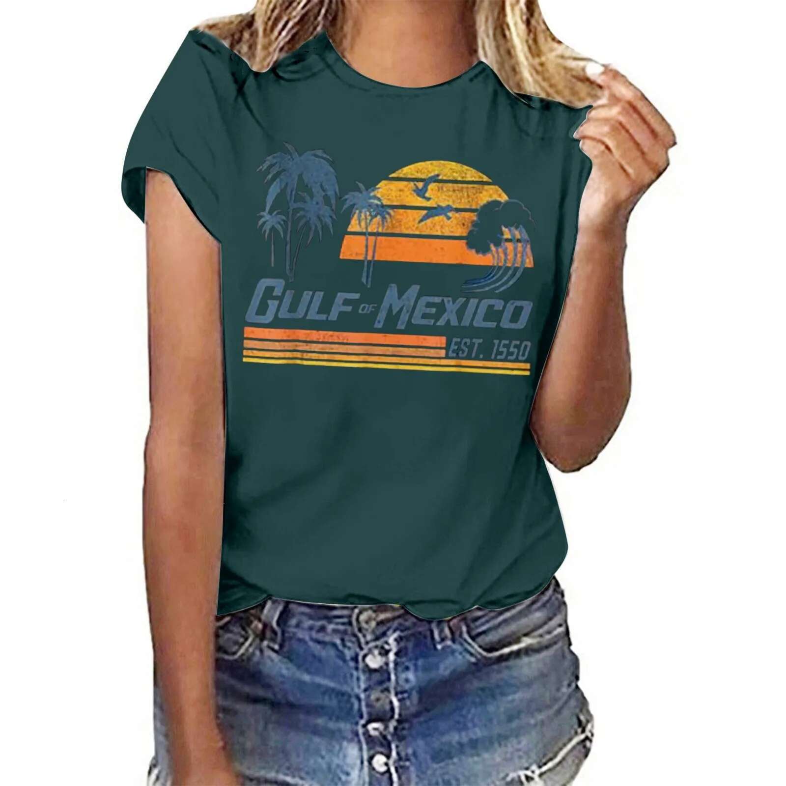 Dongdumaoyi Gulf Of Mexico Est T Shirt For Women Printed Shirts S Letter Print Round Neck Short Sleeve Top Summer Shirt