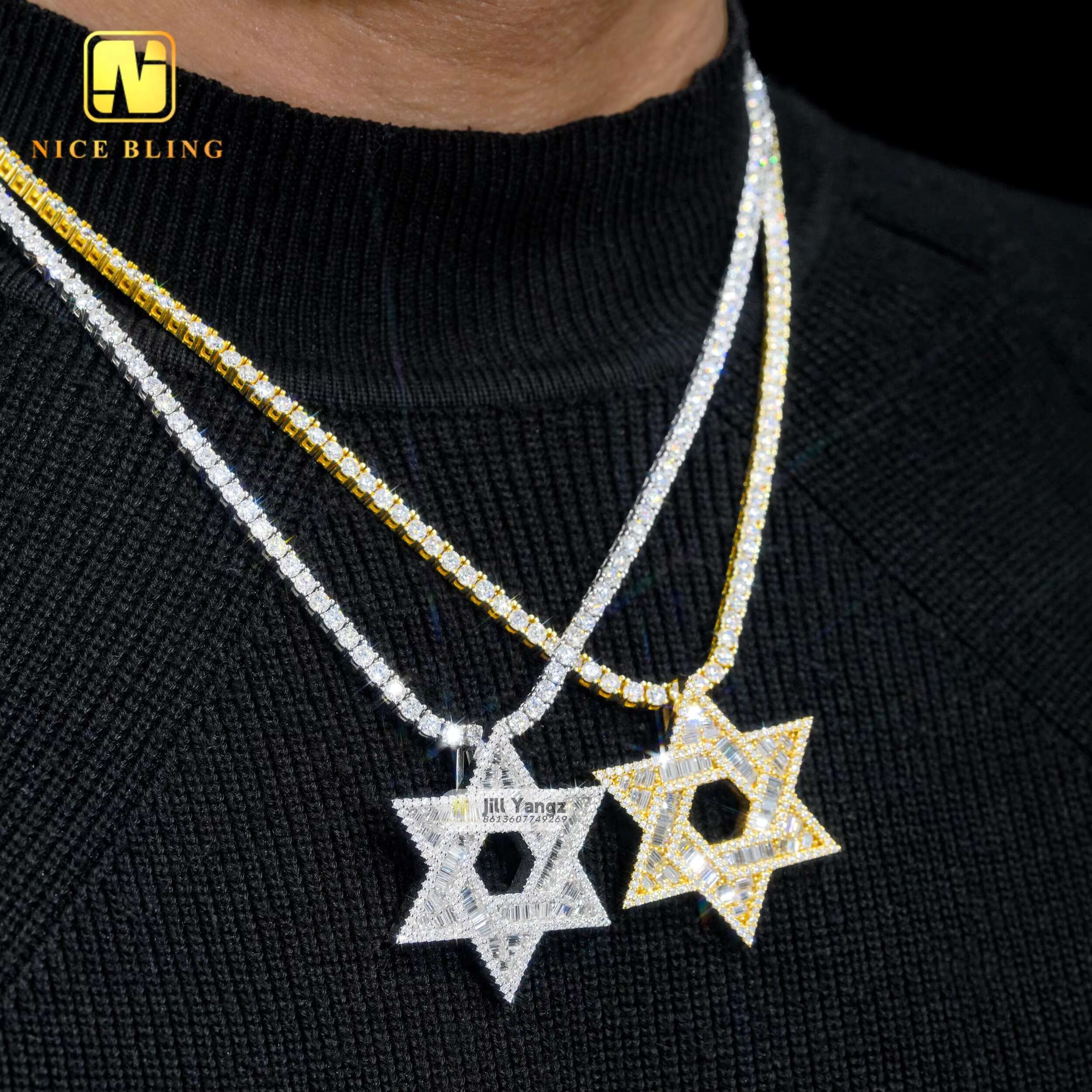 Je Star of David Pendant Charms Pentagram Custom Jewelry Manufacturers Baguette Cut 925 Moissanite Hip Hop Rock Gifts Idea