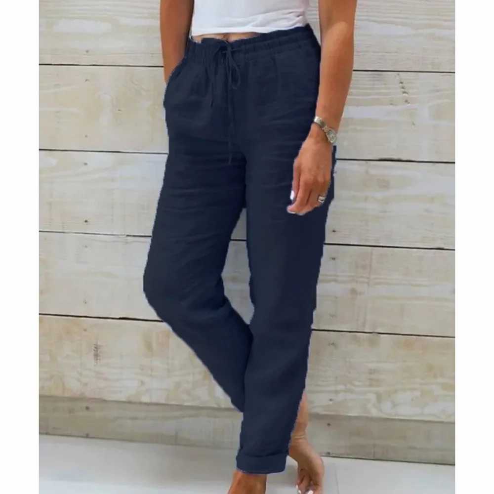 Womens summer and autumn breathable cotton linen fashion pants with elastic waist straight legs solid color Fe casual bag TrouserXJ250403