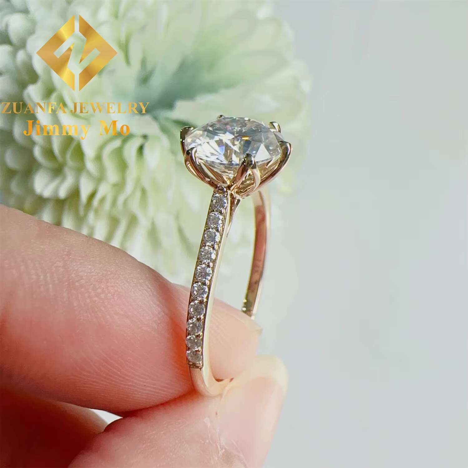 Luxury Bridal Jewelry Elegant 14k Solid Yellow Gold 2Ct Round Brilliant Moissanite Diamond Flower Engagement Ring