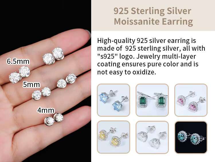 Fashion Jewelry 925 Silver Hypoallergenic Round Brilliant Cut Moissanite Cubic Zircon Gemstones 4-Claw Screw Stud Earrings