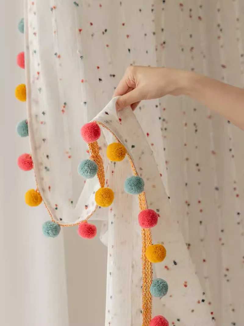 Retro Cotton Linen Rainbow Ball Linen Cream Style Bedroom Living Room Childrens Room Cotton Linen Curtains Folded Custom Curtains 250409