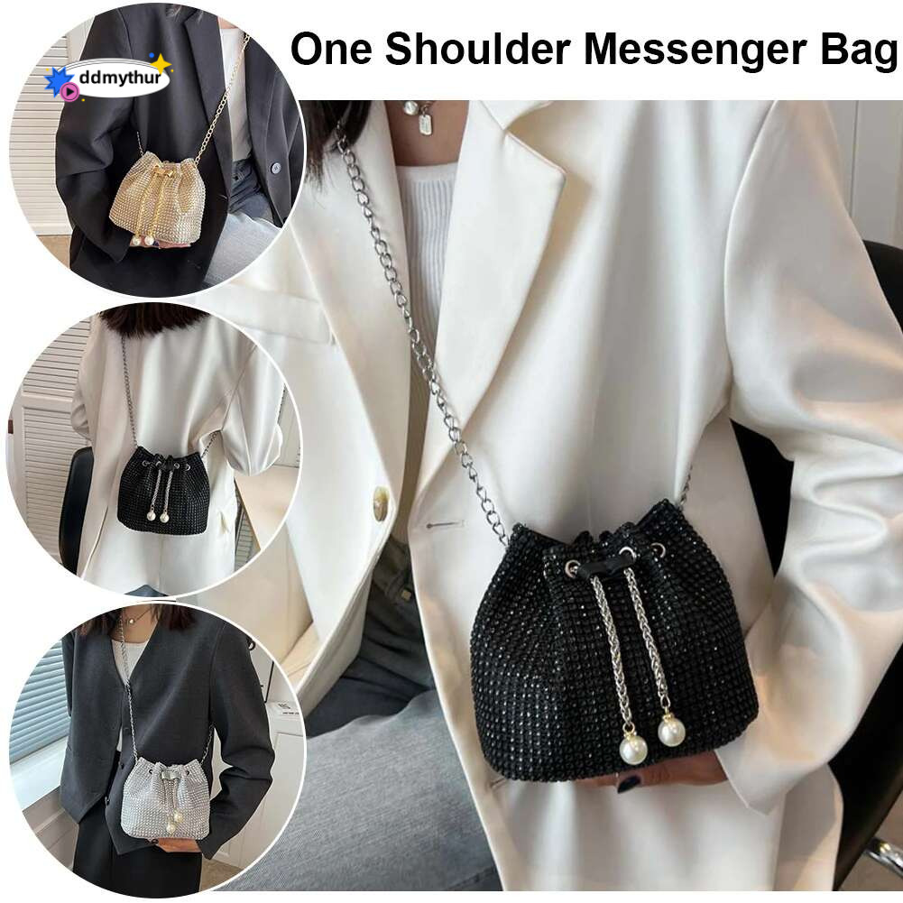 Women Chain Crossbody Solid Color Rhie Fashion Bucket Drawstring Glittering Satchel Female Dating Bag ddmythur