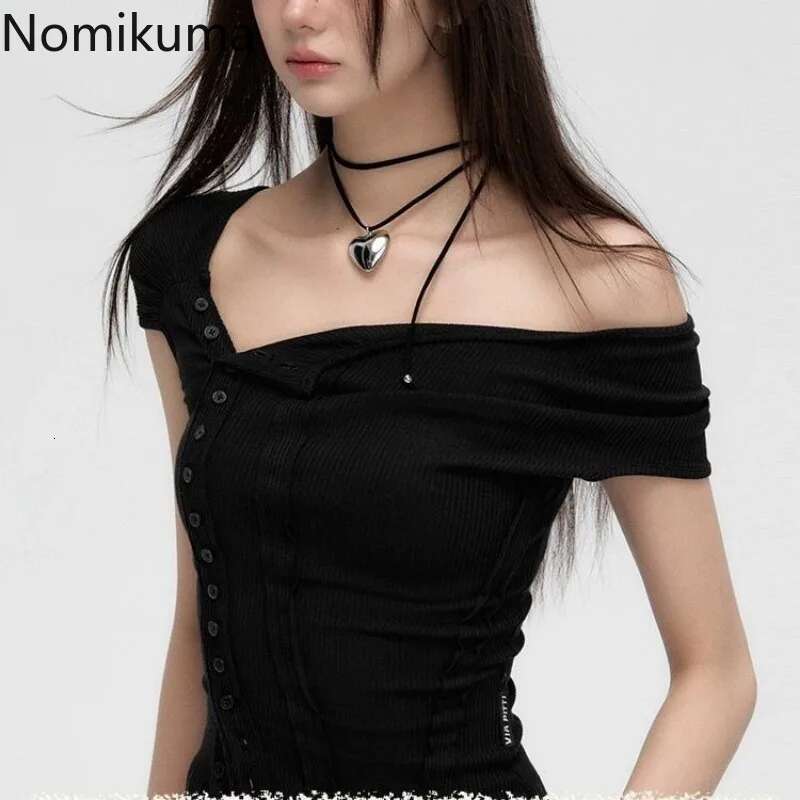2025 Ropa Mujer Tshirts Women Slash Neck Short Sleeve Tees Crop Tops Fashion Summer T Shirts Single Breasted Black Y2k T-shirt
