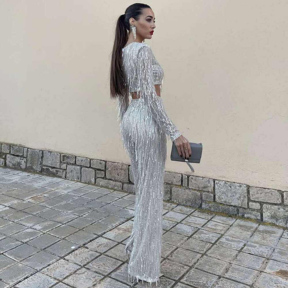 Fashion Women's Sequin Tassel Two - Piece Party Pants Set