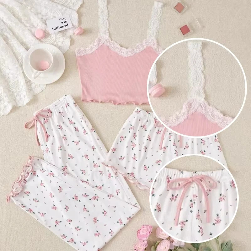 Three piece heartshaped printed vest shorts and pants with ribbed fabric suitable for family casual womens clothing set 250409