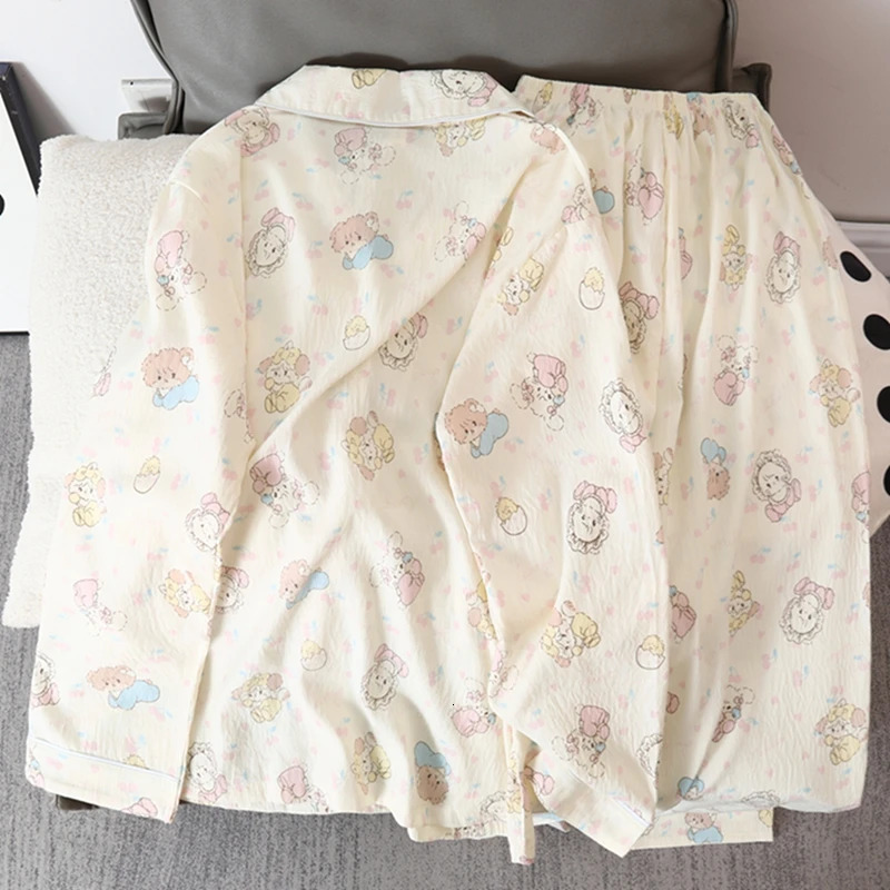 Korean Cute Cartoon Cat Printed Womens Pajamas Kawaii Casual Full Set Autumn Vneck Pajama 250409