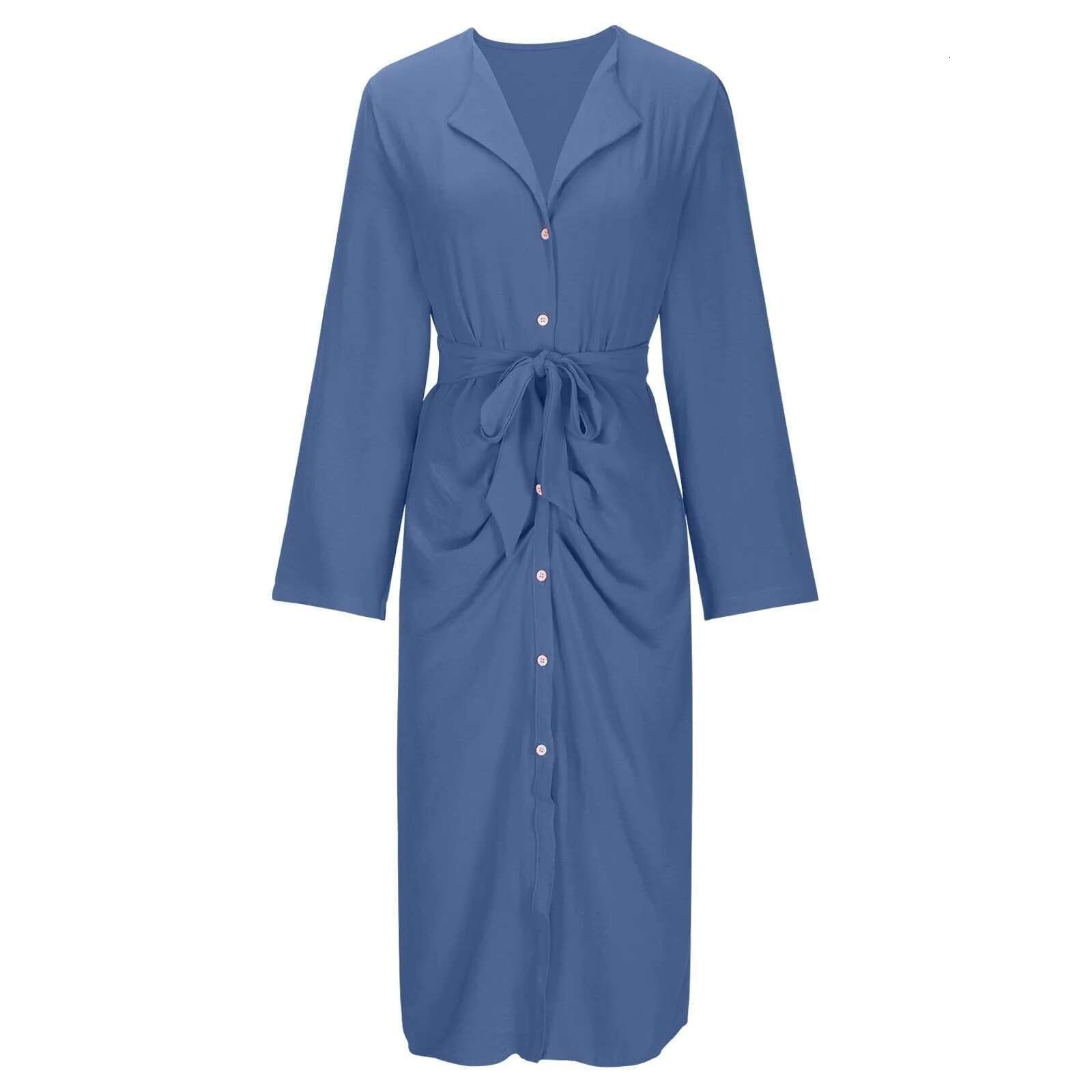 Dongdumaoyi Casual Long Sleeve Shirt Midi Dress Women Fashion Solid V Neck Lace Up Button Waist Temperament Shirts Dresses Female