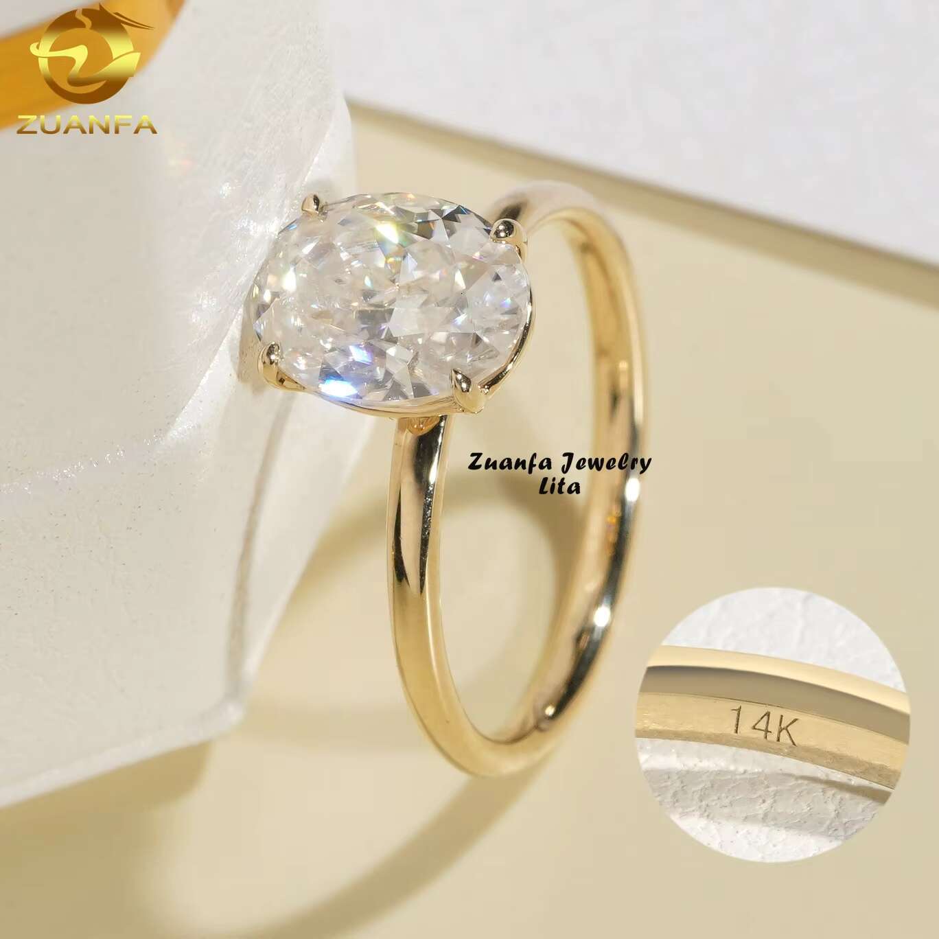 Classic Design 14k Real Gold Oval Cut 2ct Moissanite Diamond Wedding Engagement Rings for Women