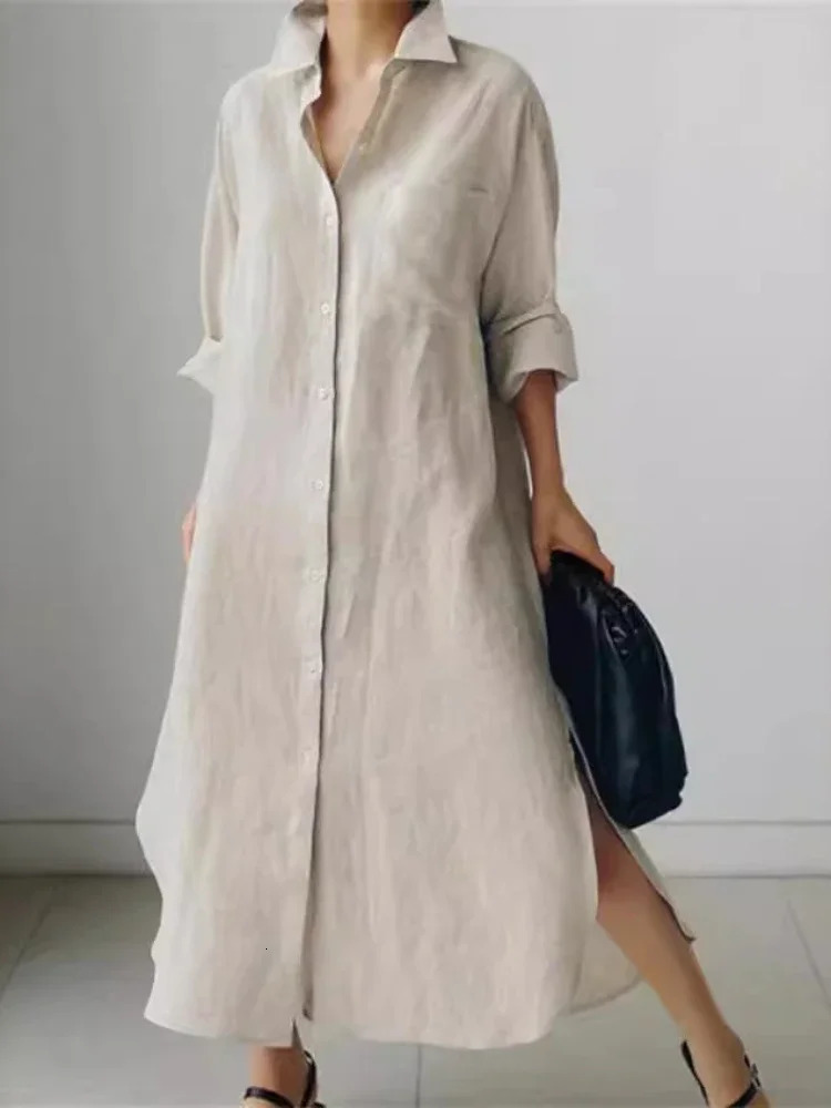 Summer fashion womens cotton linen dress elegant loose irregular open top single chest fashionable long sleeved 250409