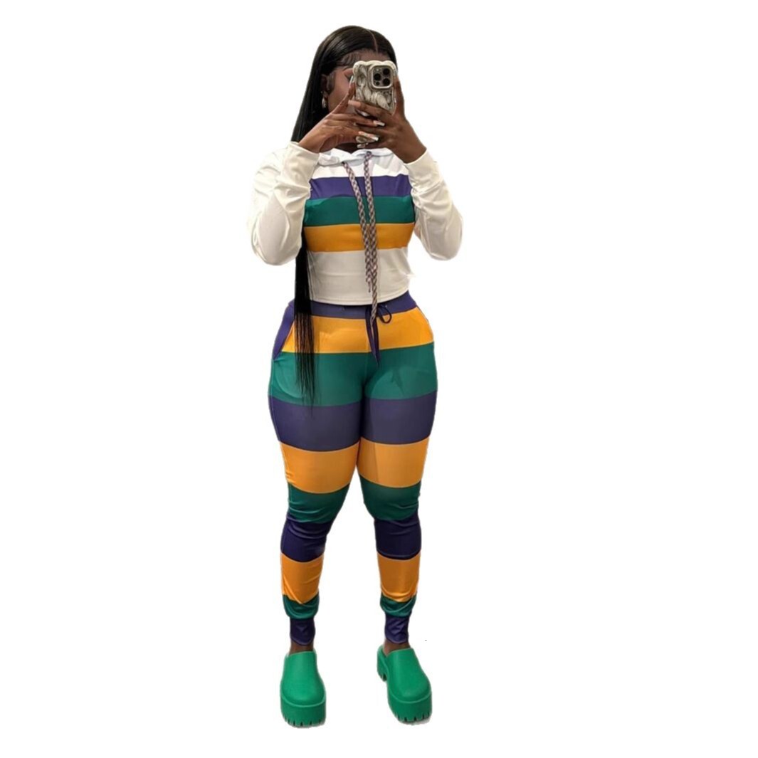 2025S Designer Women S Set New Orleans Festival Striped Contrasting Lace Up Tight Pants Short Hooded Top Sports Suit