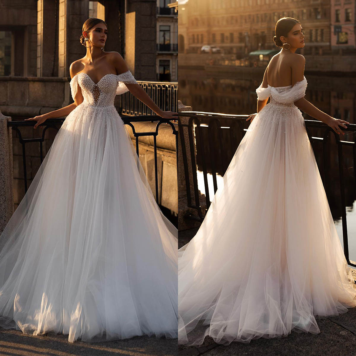 Classic A-Line Bridal Wedding Dresses Off The Shoulder Chiffon With Pearls Sequins Floor-Length Plus Size For Special Occasion Vestido de novia