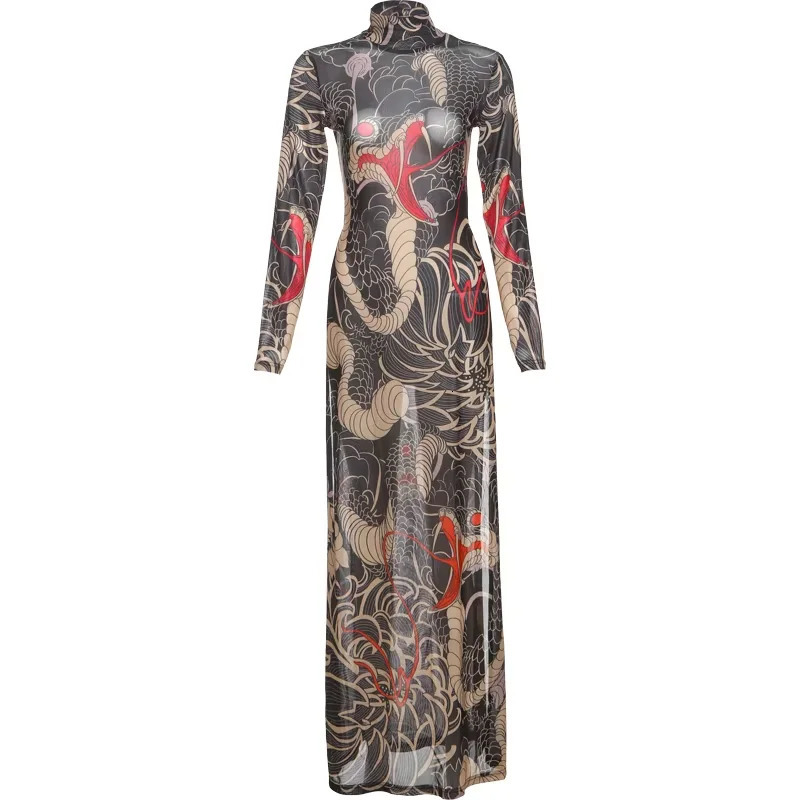 Sisterlinda Spring Release Junior Girl Ankle Strength Sexy High Street Dress Printing Perspective Slim Choker Fashion Robe 250409