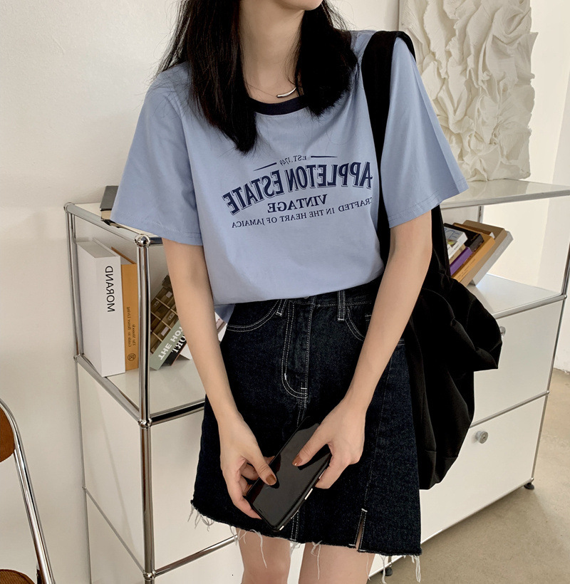 2025S Designer Women S T Shirt American Contrasting Round Neck Sleeved T Shirt For Women S Summer Letter Print Loose Short Student Top Ins
