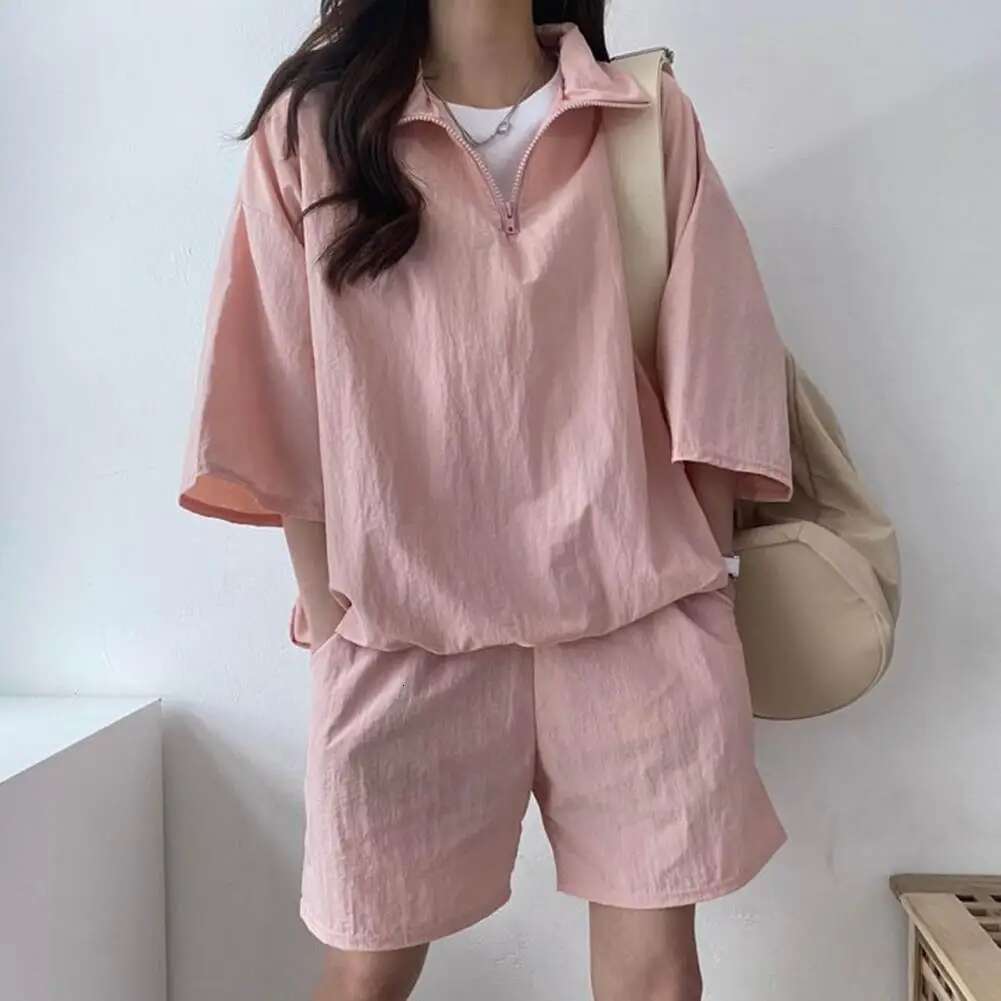 Women Tracksuit Short Sets Summer Solid Zipper Shorts Matching Outfit Two Piece Set Female Loose Sportswear Suit Sports Tee