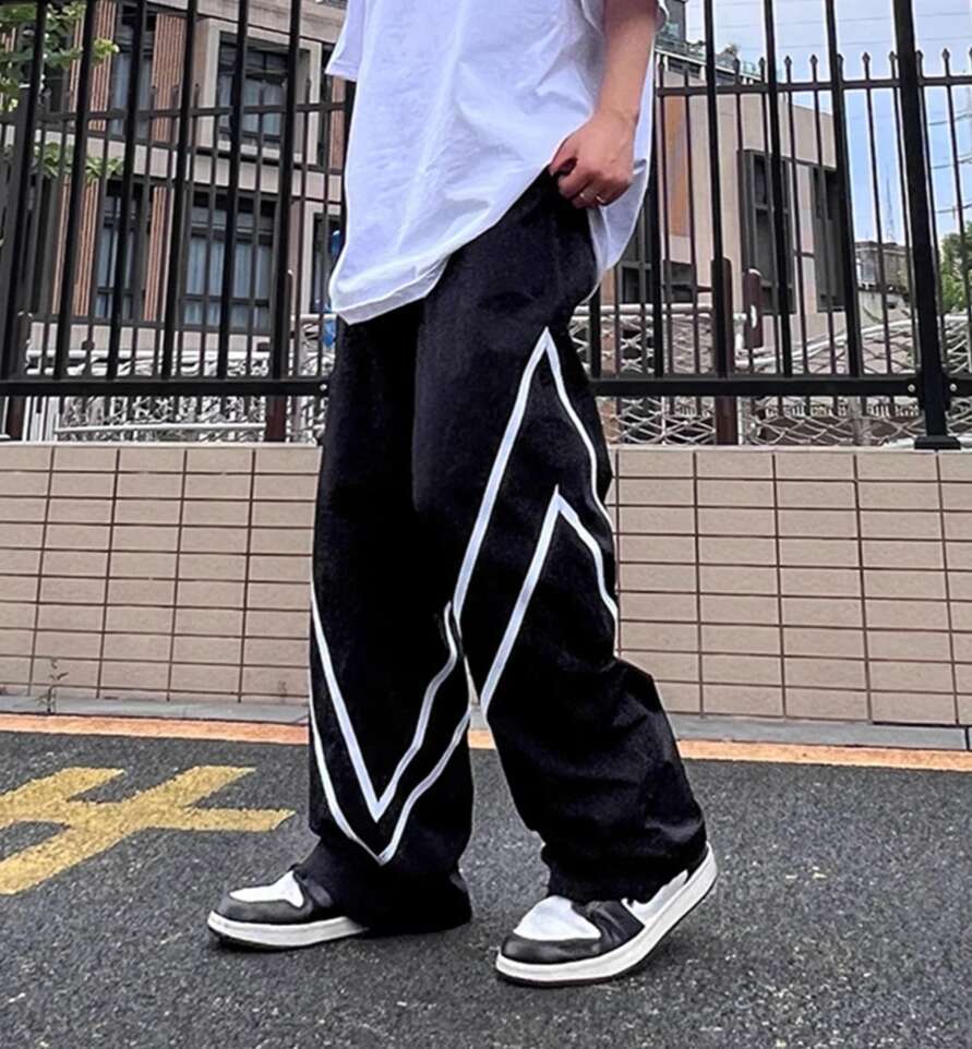 Contrast Spliced Pants Mens High Street Straight Wide Leg Elastic Waist Loose Trousers Men