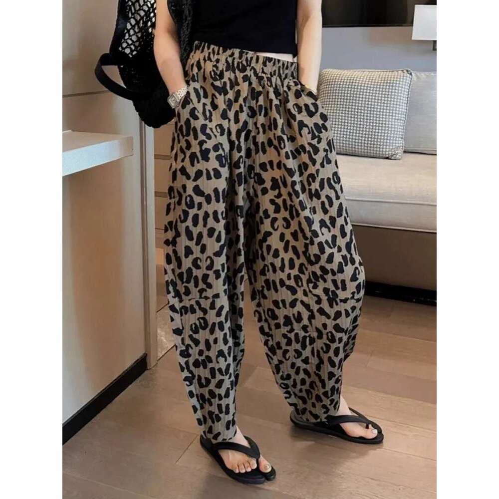 Leopard Print Wide Leg Cropped For Women's Summer Chiffon Loose Elastic Waist Thin Casual Harlan Pants