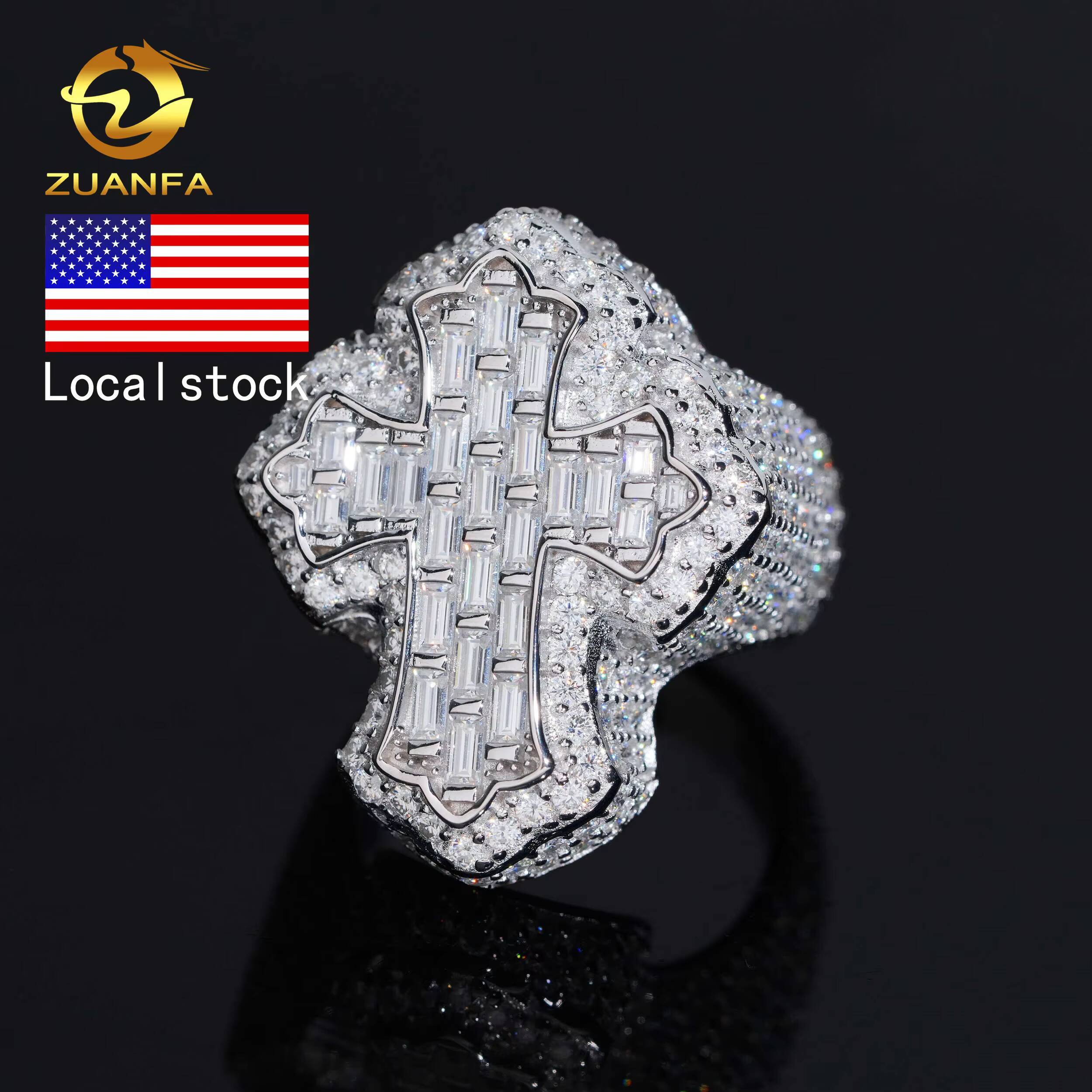 USA Local Stocks Affordable Ready to Ship Cross Ring Gold Baguette Moissanite Ring Iced Out Men Diamond Ring Iced Out Jewelry