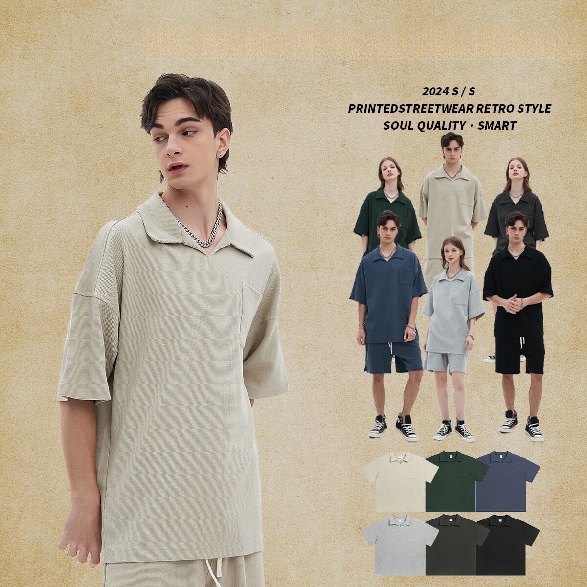 2025 New Breathable Waffle Short sleeved Oversized Street Trendy Men's T-shirt