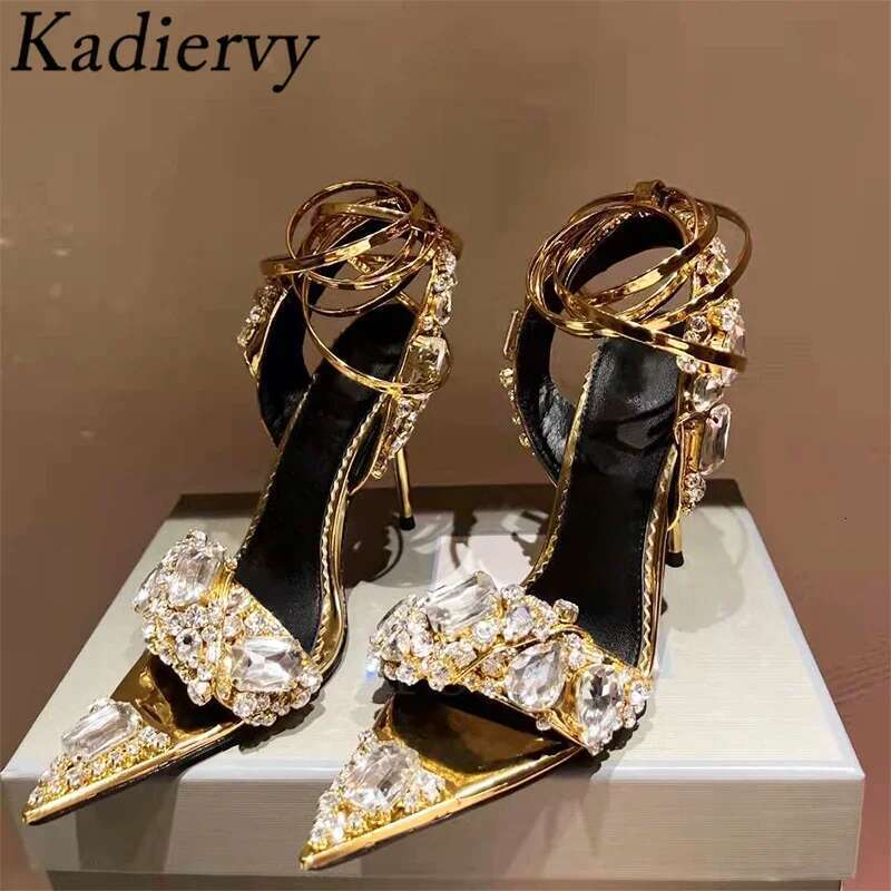 Rhie Gladiator Ankle Cross Tied Runway Party Shoes Women Crystal Studded High Heels Sandals Woman