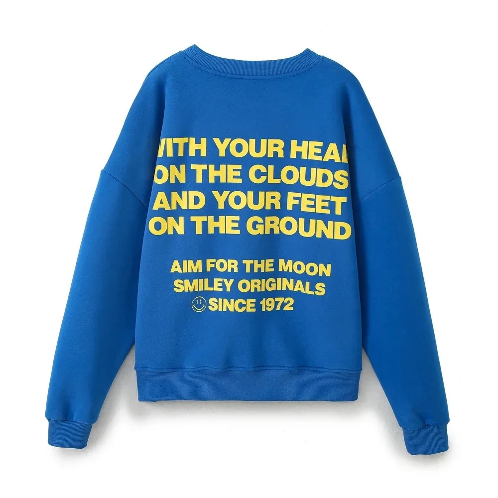 Spring Womens Fashion Sports Pullover Retro Round Neck Loose Long Sleeve Letter Printed Blue Street Clothing 240409