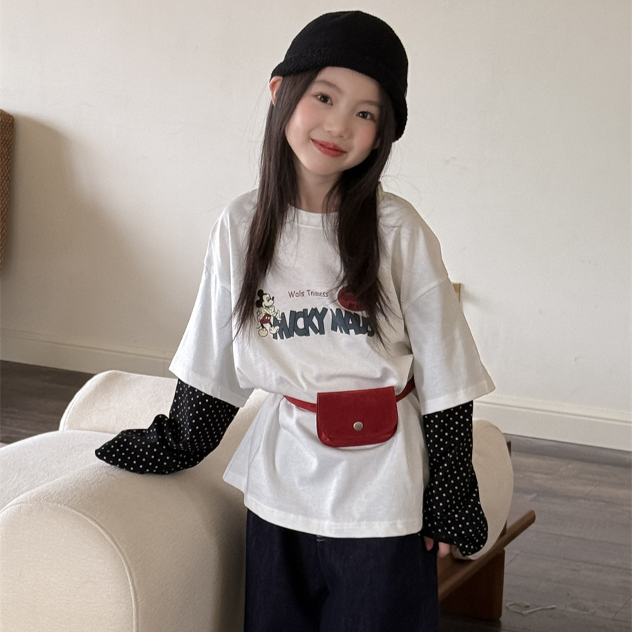 Ddmyshoesvip Clothing Girls Fake Two Piece New Style Western Children S Spring Top T Shirt Long Sleeve