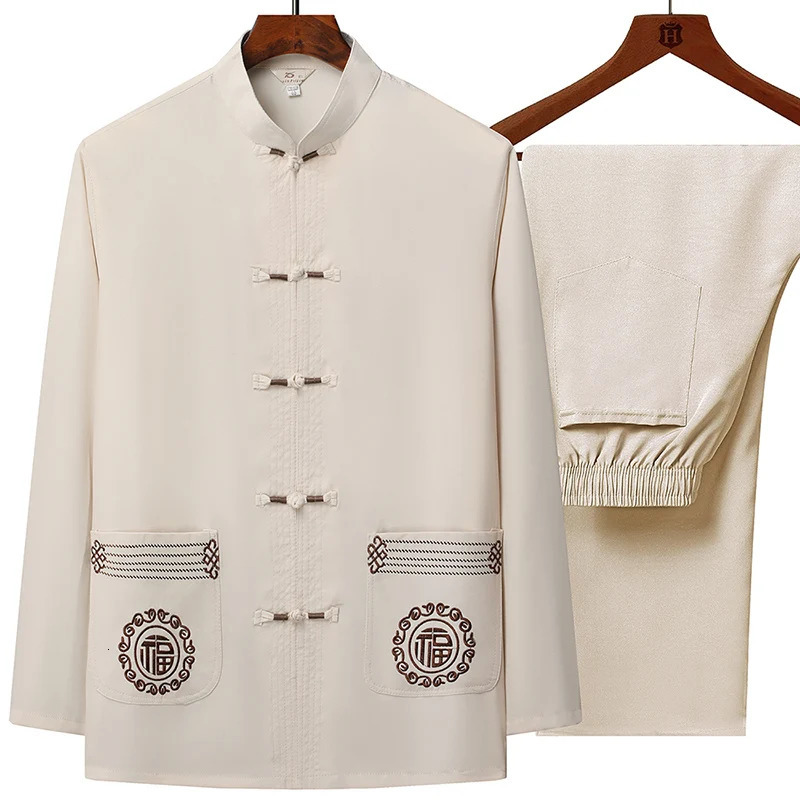 Tang style clothing toppants for middleaged and elderly men long sleeved grandfather wearing Chinese Tai Chi 250409