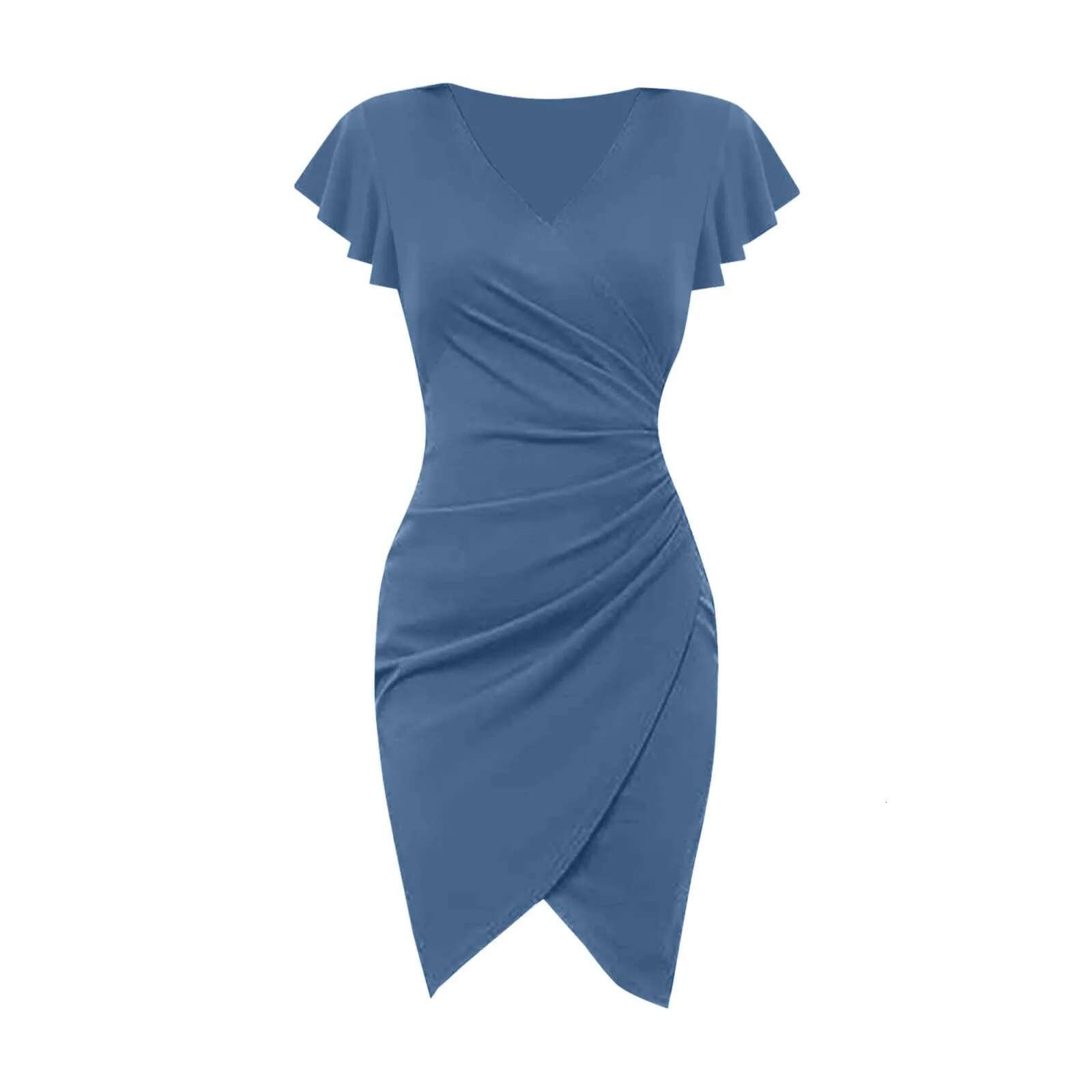 Dongdumaoyi Women S Sexy V Neck Ruffled Sleeve Wrap Dress Pleated Tight Cocktail Party Wear Office Ladies Work Business Female