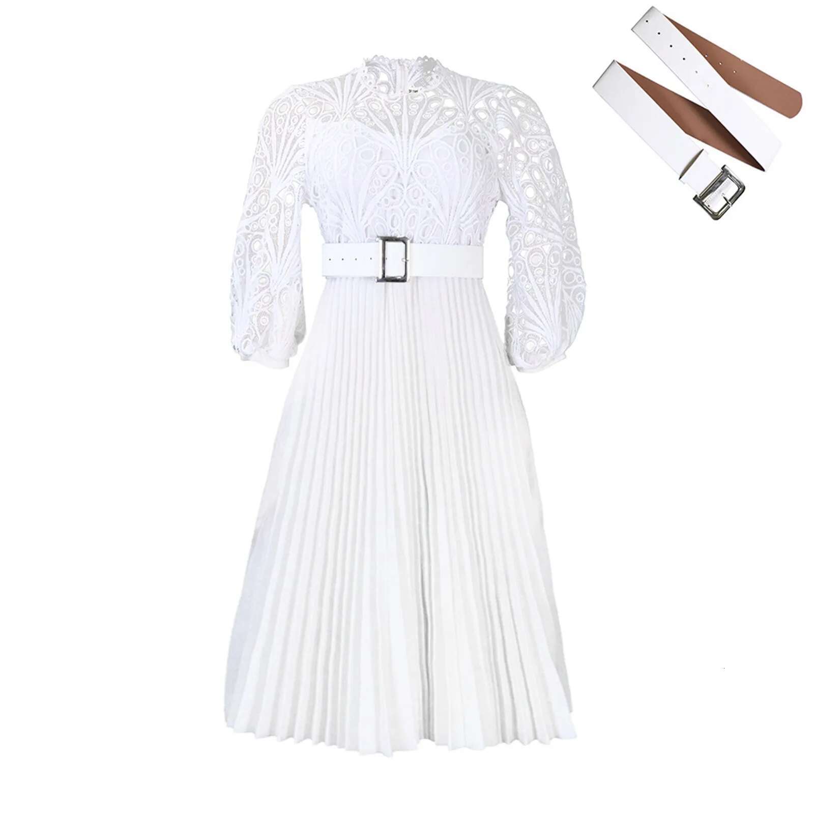 Dongdumaoyi Elegant Pleated Dresses Woman New O Neck Lace Patchwork Belt Waisted Mid Calf Luxury Female Birthday Party Dinner Dress