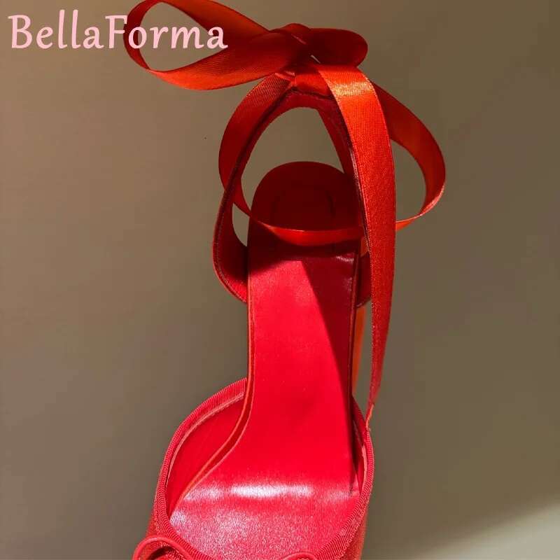 Women's Platform Silk Bow Ribbon High Heels Sweet Catwalk Banquet Wedding Formal Dress Square Toe Pleated Sgback Sandals 2025