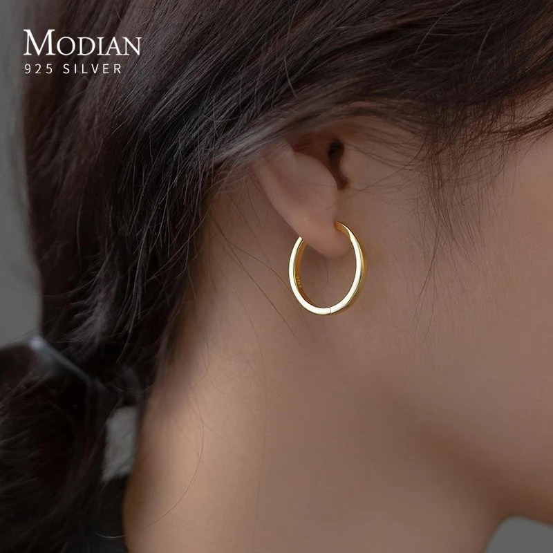 Modian Solid 925 Sterling Silver 2CM Smooth Minimalist Simple Ear Pave Setting Stud Earrings for Women Fine Party Jewelry 250403