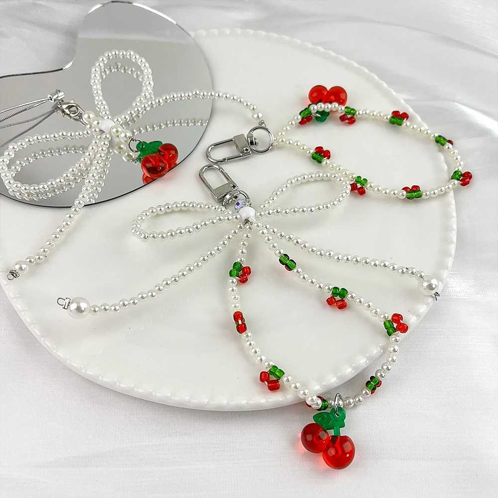 Graduation Season 1 Korean Cherry Ins Fashion Cute Bag Keychain Pendant 12/13.5/18cm Resin Cherry Bow Bead Resin Phone HangerXJ250409