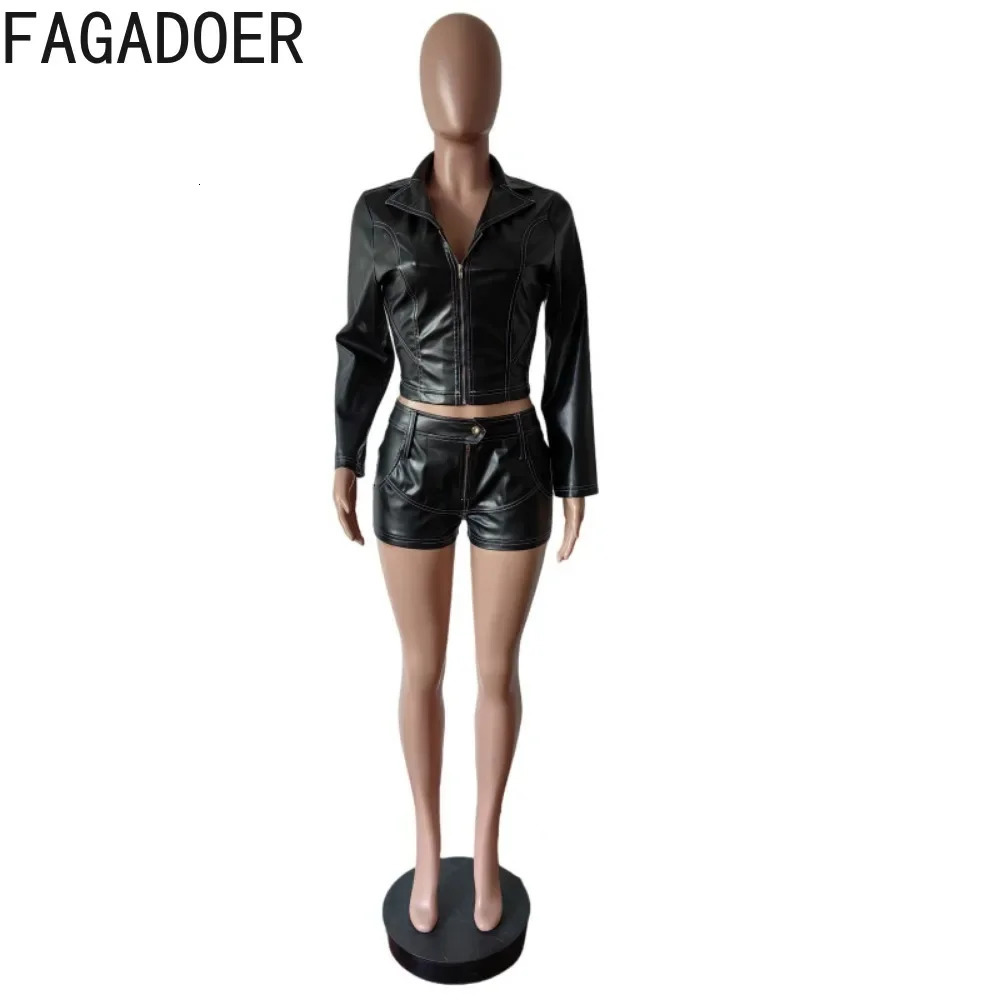 FAGADOER Punk Y2K Leather 2 Piece Sets Women Outfit Deep V Zipper Patchwork Crop Jacket And Shorts Suits Girl Streetwear 250408