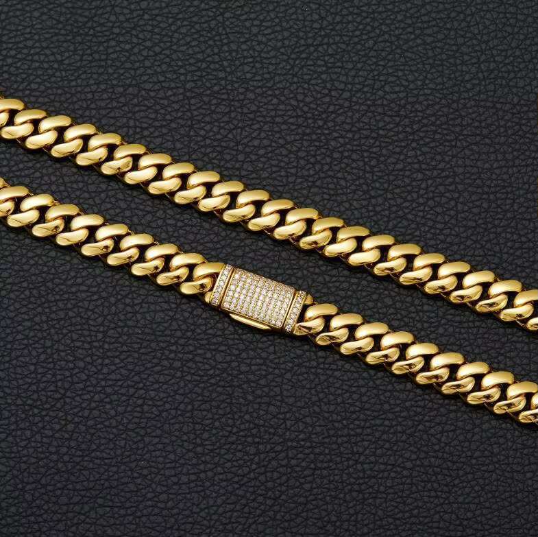 Monaco Cuban Chain 18k Gold Stainless Steel Cuban Chain 8mm 12mm 14mm 18mm Zircon Necklace for Men Women 14k Gold Chain Miami