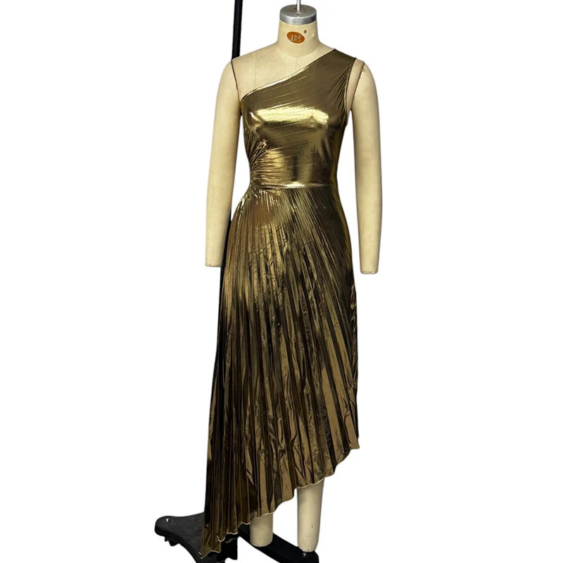 Wefads Womens Midi Dress Summer Fashion Irregular Single Shoulder Solid Buckle Waist Hollow Folded Evening 250409
