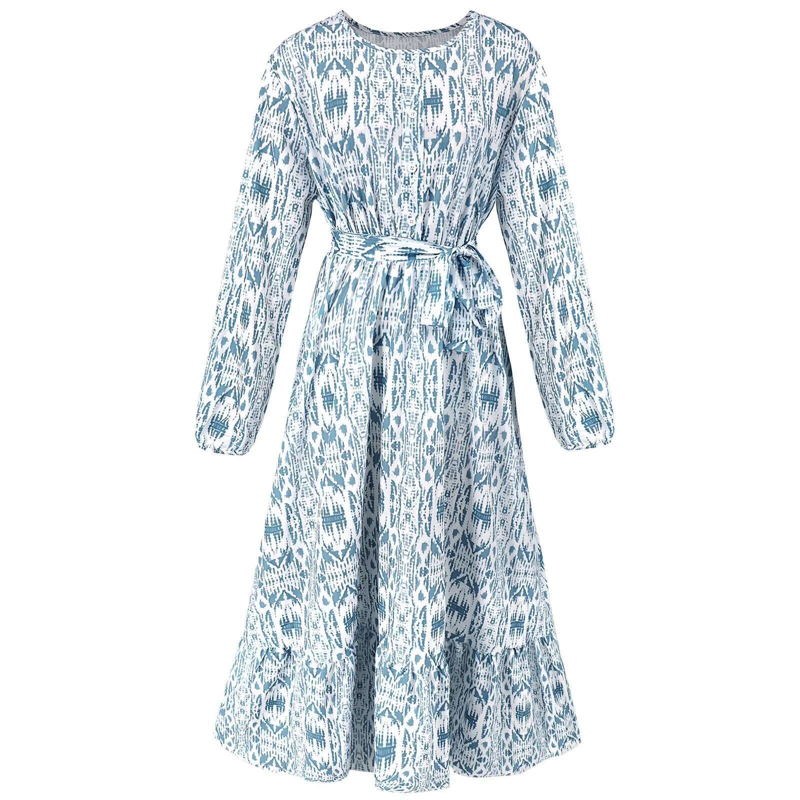 Dongdumaoyi Elegant Long Robes Female Ethnic Buttons Print Round Neck Party Dresses Casual Holiday Women Sleeve Maxi Dress