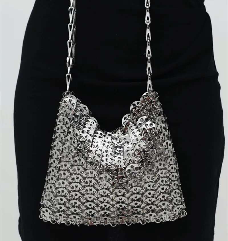 Designer Women's Trend Hand Woven Hollow Metal Chain Tote Clutch Female Travel Holiday Shoulder Bag Handbag
