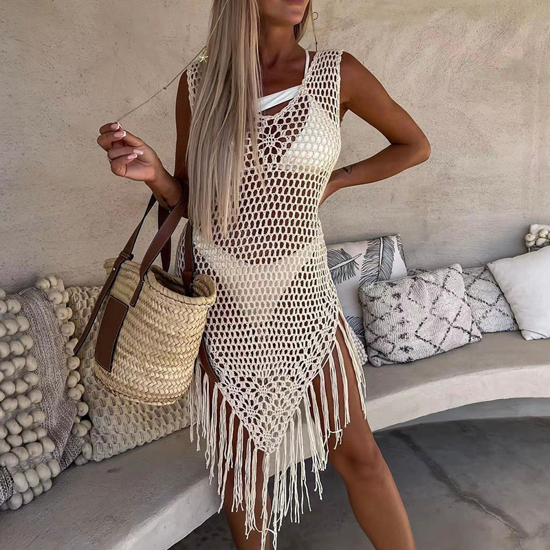2025 Summer New Beach Skirt Womens Tassel Solid Color Knitted Beach Bikini Swimsuit Hoodie Dress