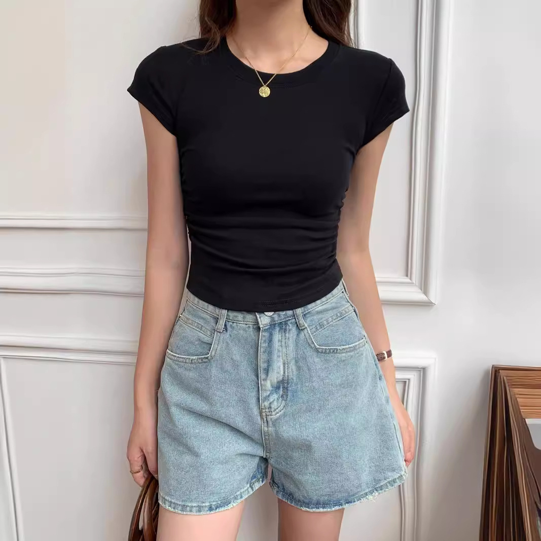 2025S Designer Women S T Shirt Solid Color T Shirt Women S Sleeved Summer New Design Feeling Waist Tightening Slimming Short Shoulder Top