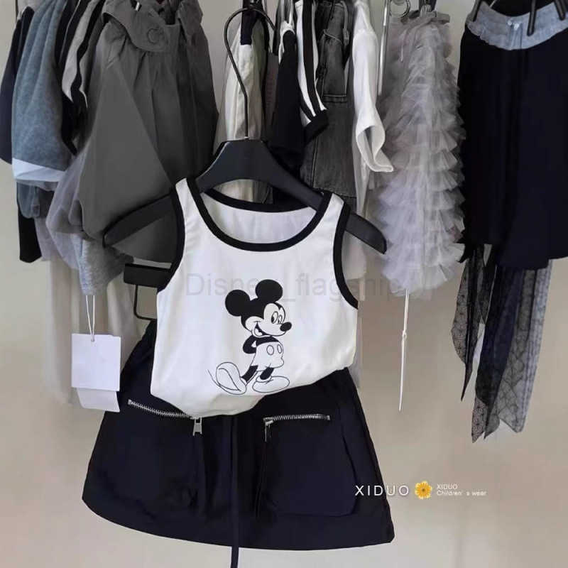 Disney Childrens clothing girls summer set new childrens stylish cartoon Mickey color blocked vest zipper pocket workwear half skirtXJ250409