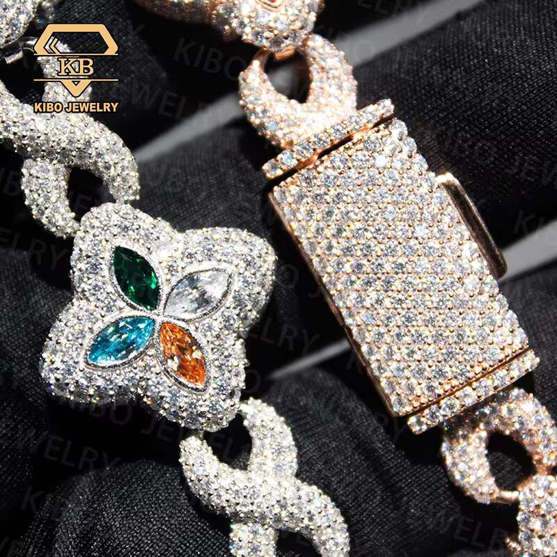New Design Hot Selling Colorful Hip Hop Iced Out Jewelry 22mm 925 Silver Clover Cuban Moissanite Infinity Link Bracelet for Men