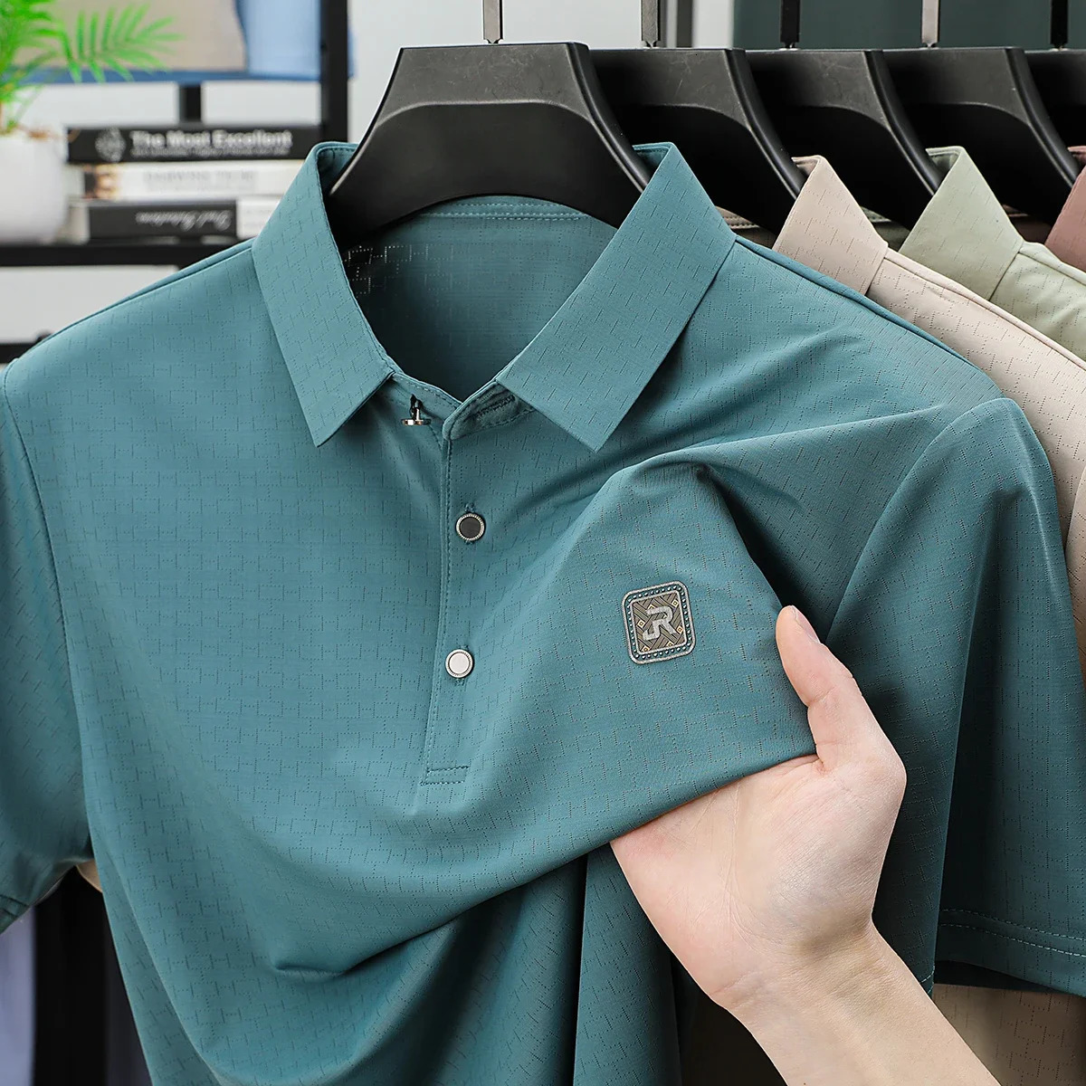 Mens Trendy Summer Lapel Polo Shirt Short Sleeve Seamless Ice Silk Business Casual Print Fashion T-shirt Top 250407