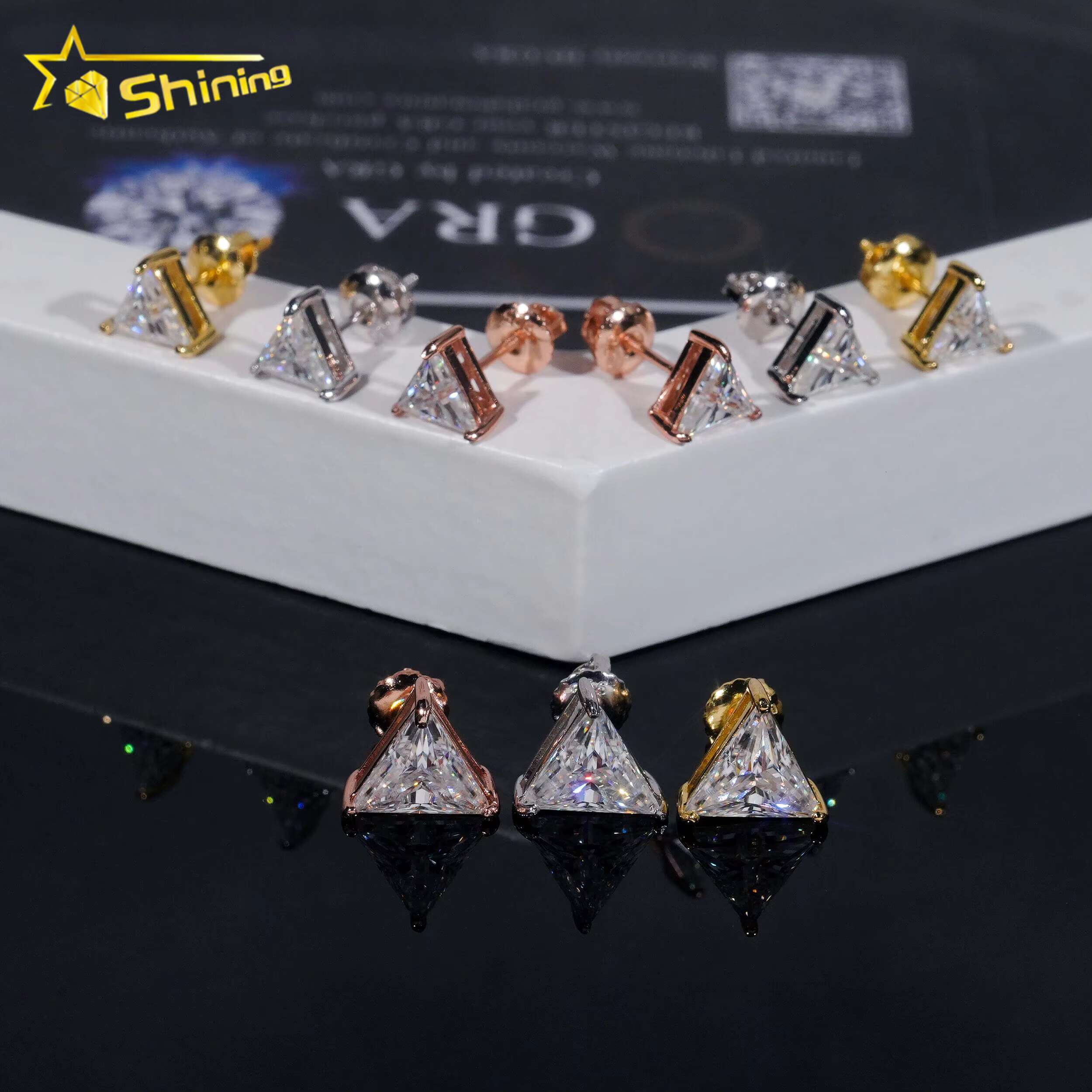 Trendy Fine Jewelry Ear Studs S925 Silver Gold Plated Triangle Moissanite Diamond Earrings for Men Women