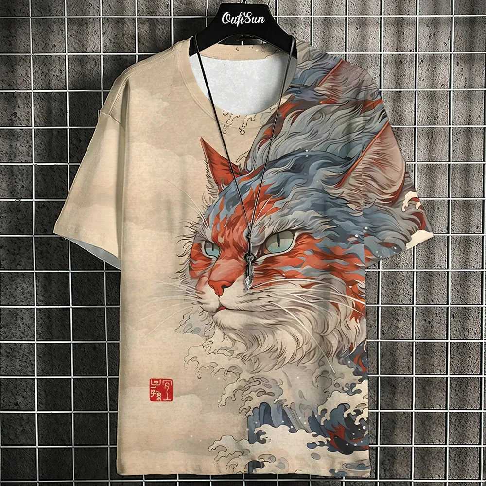 Cartoon cat graphic mens T-shirt 3D printed mens casual zipper summer O-neck sports shirt top loose daily short sleeved T-shirtXJ250409