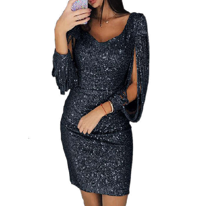 Foreign Trade New SEXY DRESSES FOR WOMEN Nightclub Party Sequin Tassel Long Sleeve Bodycon Night club dress