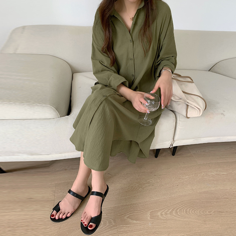 Cotton Linen Dresses White Shirt Dress Summer Women Outerwear Loose Mid-length Shirtdress