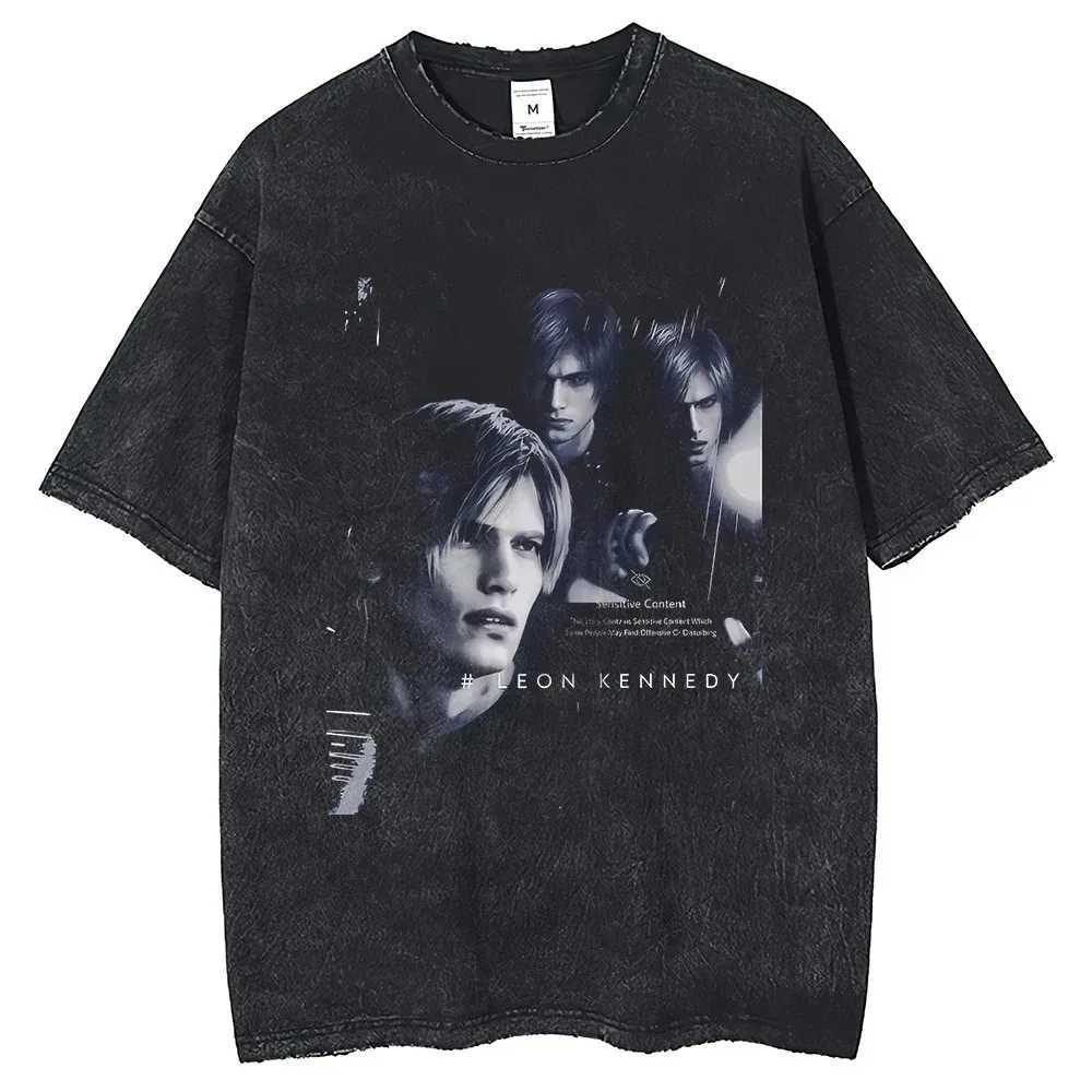 Leon S Kennedy portrait printed short sleeved shirt 2024 Harajuku summer retro wash 250G cotton mens loose round NXJ250409
