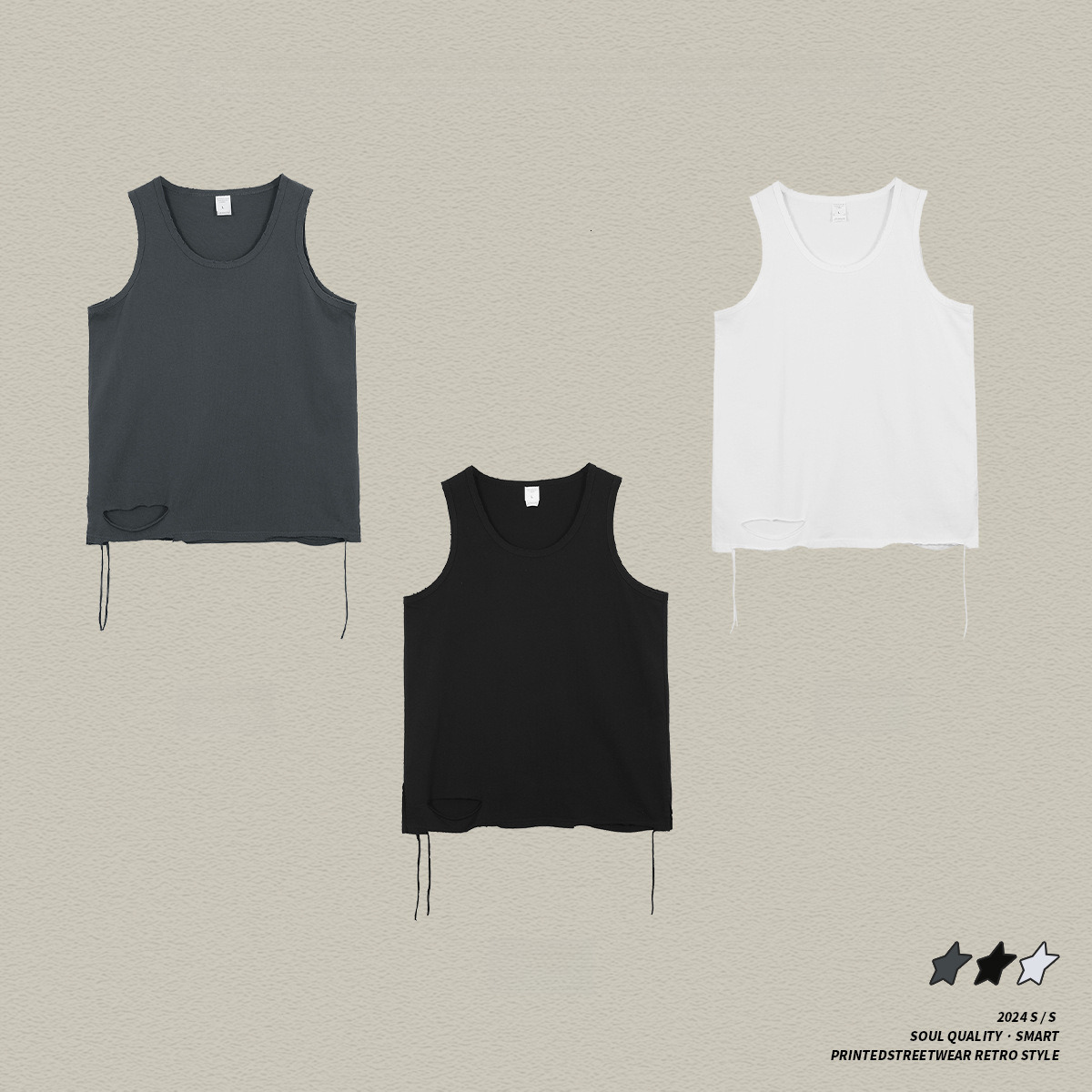 2025 Summer New Product: Water Wash Versatile Loose Sports Top, American Trendy Brand Destruction Knife Cutting Solid Color Base Tank Top