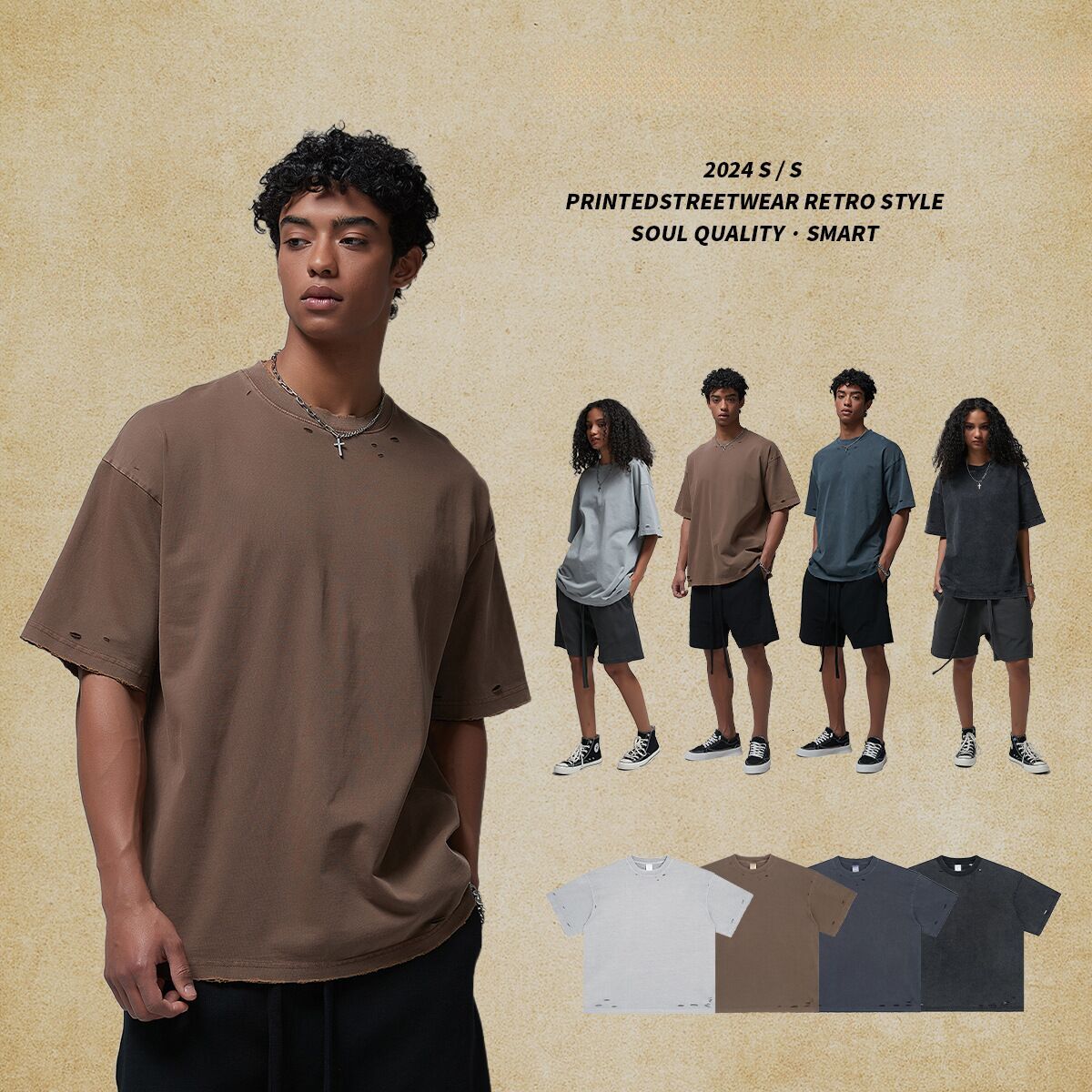 New products for spring and summer 2025: distressed cut, washed water T-shirt, American fashion brand plus size men's T-shirt